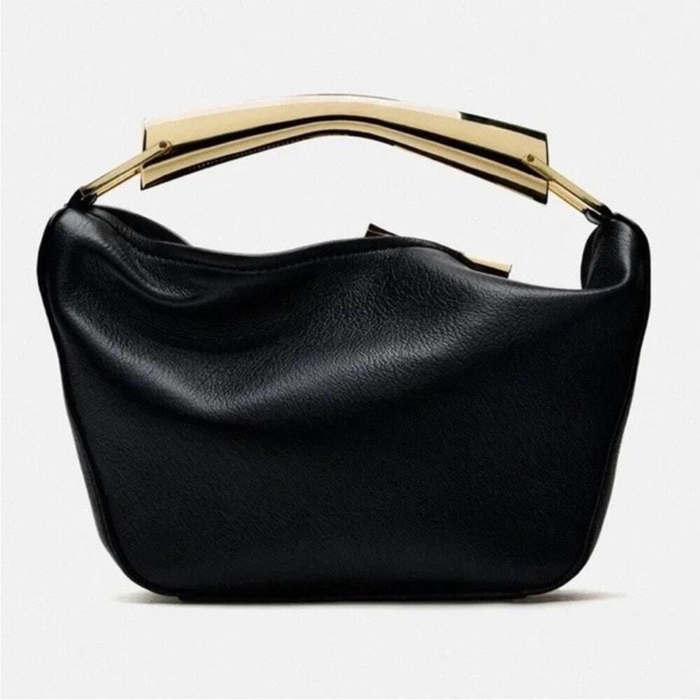 Zara Metal Plate Leather Shoulder Bag in black